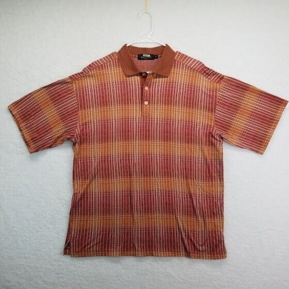 Bugatchi Uomo Mens Golf Polo Size Medium Dark‎ Orange Striped Short Sleeve Shirt